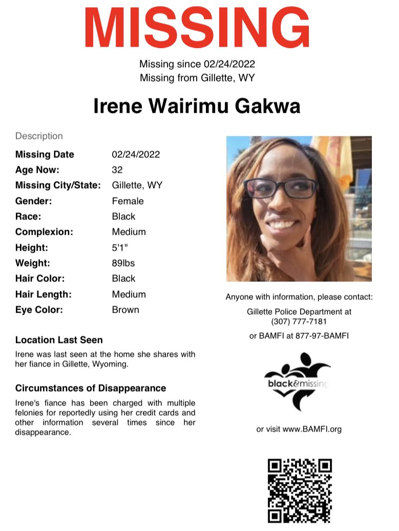 BAM_FI's tweet photo. #Gillette, WY: 32y/o Irene Gakwa was last seen at the home she shares w/fiancé.
Irene's fiancé has been charged with multiple felonies for reportedly using her credit cards and other information several times since her disappearance.
https://t.co/oiDkUGiwwg
#HelpUsFindIrene https://t.co/TxByGP2gEb