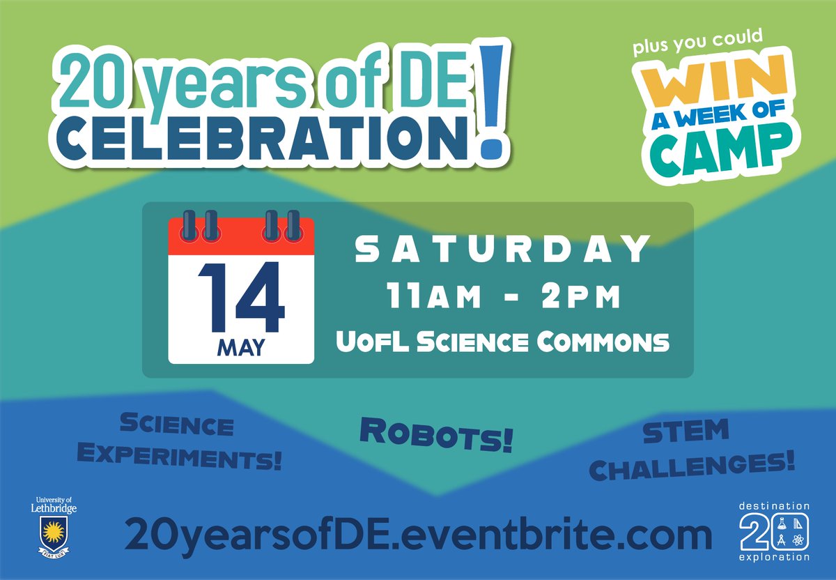 lts_lethbridge's tweet photo. This Saturday, May 14th, join us in celebrating 20 years of @ULethbridgeDE with an afternoon full of fun and STEM! 🎉 https://t.co/QeOC3fr370
