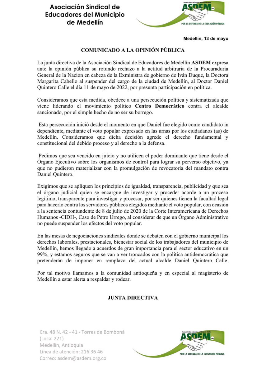 Agradezco a las y los profesores de Colombia que se han movilizado en contra de este grave ataque de la Procuradora y de Duque a nuestra democracia. 

¡Qué gran lección de nuestros maestros!
