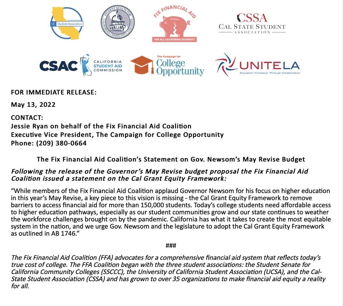 @CAgovernor @calstate @UofCalifornia @CalCommColleges .@CAgovernor - more than ever, college students need affordable access to higher education. CA has what it takes to create the most equitable system in the nation, and we urge the Governor & legislature to adopt the #CalGrantEquityFramework into the #CABudget. #MayRevise