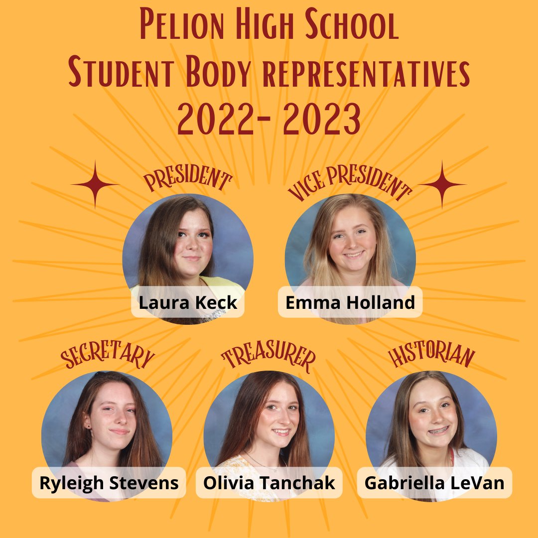 PelionPanthers's tweet photo. Please help us congratulate our new student body representatives for next year! 
President: Laura Keck
Vice President: Emma Holland
Secretary: Ryleigh Jade Stevens
Treasurer: Olivia Tanchak
Historian: Gabriella LeVan
#PelionPride #StuCo #StudentCouncil https://t.co/BbsEUz6vGg