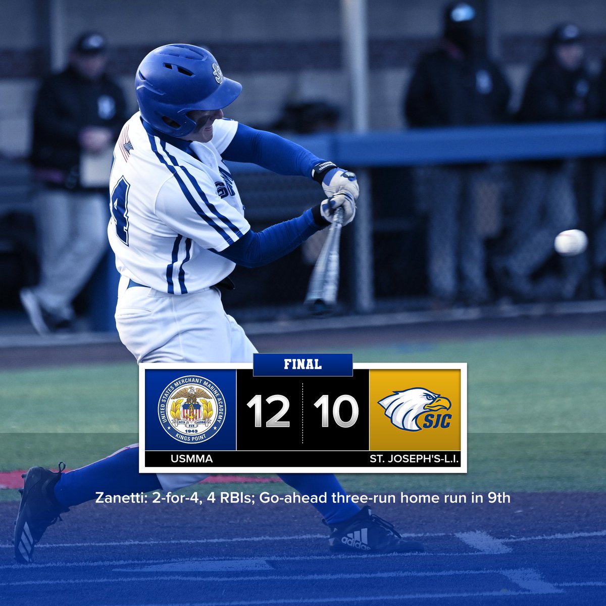 BASEBALL FINAL: #4-seed <a href="/USMMA_Baseball/">USMMA Baseball</a> 12 - #1-seed St. Joseph's-L.I. 10! What a great comeback win, men!! Mariners move on in the winners' bracket and will play tomorrow at 2 p.m. against either FSC or CMSV! LET'S GO! #d3baseball #SkylineBase

Box Score: bit.ly/3FEE3QA