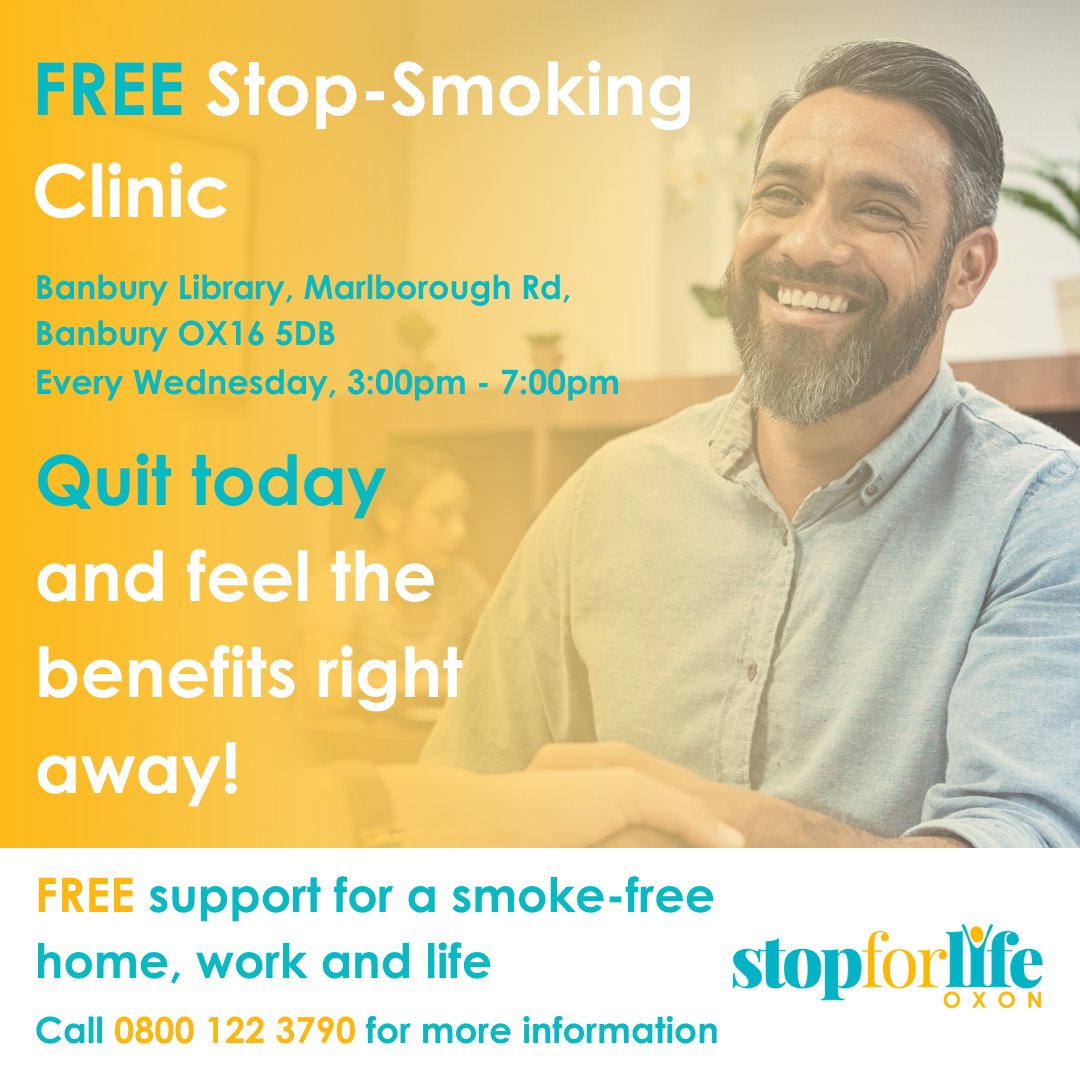 StopforlifeOxon's tweet photo. Quitting smoking is easier when we do it together, so come along to our FREE clinic at Banbury Library, every Wednesday 3:00pm-7:00pm.

To find out more, call 0800 122 3790 or text STOPOXON to 60777 

#QuitSmoking #Oxfordshire #StopforLife #Banbury https://t.co/sAnc7wjDic