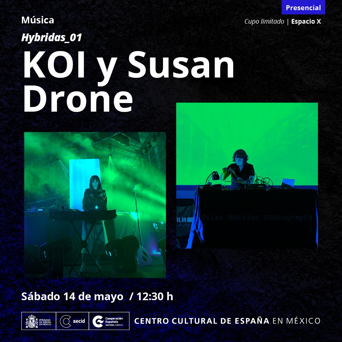 ccemx's tweet photo. 🔴 Pásate mañana por el CCEMx a las 12.30h y disfruta del estreno del nuevo ciclo de música #Hybridas, un maridaje de música experimental y visuales desde diferentes partes del mundo. En el primer encuentro disfrutaremos de #KOI y #SusanDrone. ¿Te apuntas? https://t.co/fHTT8Nl7kO https://t.co/MZ6k0LzCKf