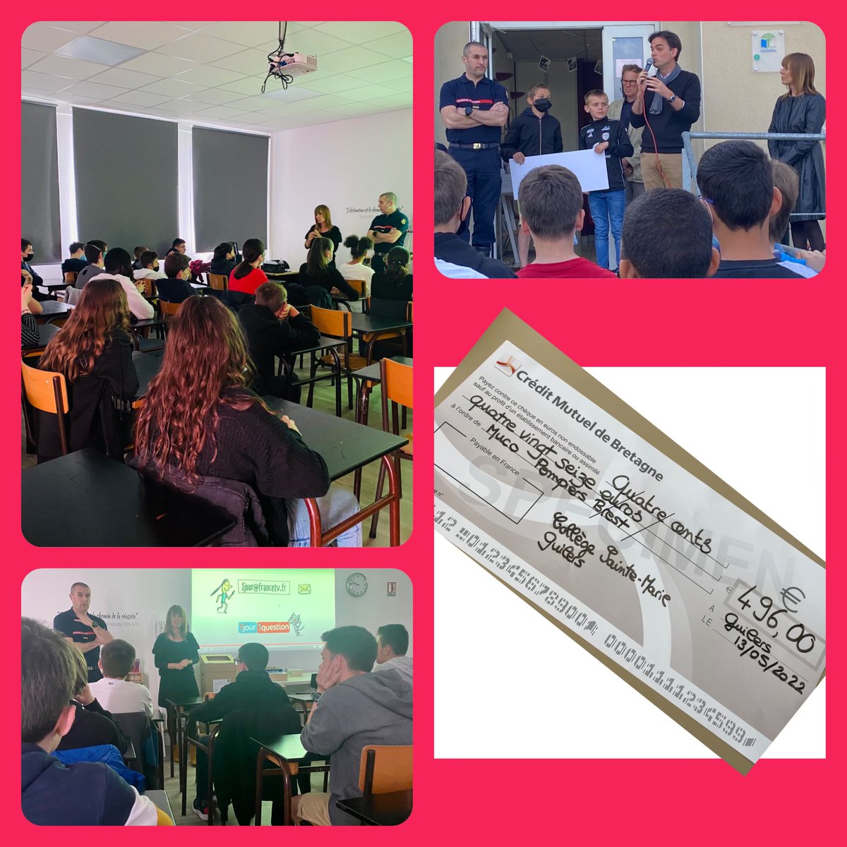 🚒 Aujourd’hui, nous avons reçu la visite de Sébastien Salaun, pompier pro à Brest et président de l’asso «MucoPompiers» et de Virginie Scotet, épidémiologiste au CHU, pour leur remettre 496 € de dons suite au repas «bol de riz». 
Merci à eux et aux 148 participants au repas !