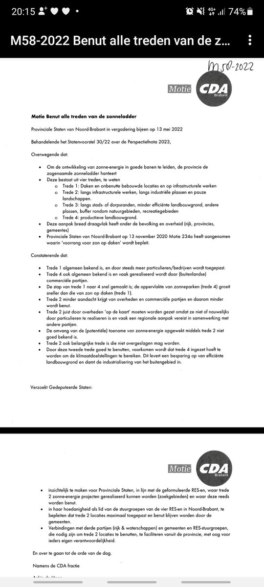 Vandaag in <a href="/PSBrabant/">Provinciale Staten Noord-Brabant</a> motie van <a href="/CDABrabant/">CDA Brabant</a> met ruime meerderheid aangenomen om <a href="/brabant/">Provincie Noord-Brabant</a> bestuur ertoe te bewegen om langs infrastructurele werken en op daken de capaciteit voor zonnepanelen maximaal te benutten. #zonopdak, #energietransitie, #voedselzekerheid