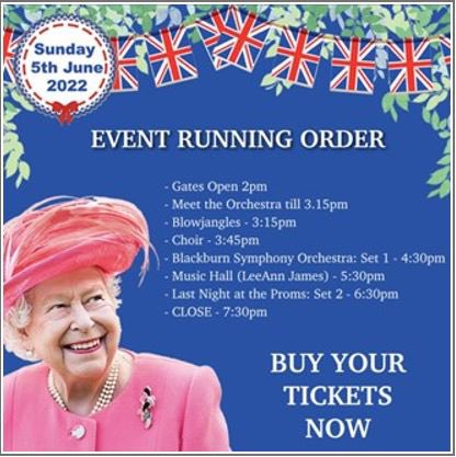 BlackburnSympho's tweet photo. 🇬🇧🇬🇧 Looking forward to taking part in the Queen’s Platinum Jubilee concert at Cherry Tree Cricket Club on 5th June. Gates open 2pm. Bring your flags for the Last Night of the Proms finale! 🇬🇧🇬🇧

More info &amp; tickets at 
https://t.co/iSpAynl9mD https://t.co/CDKKG665Q5
