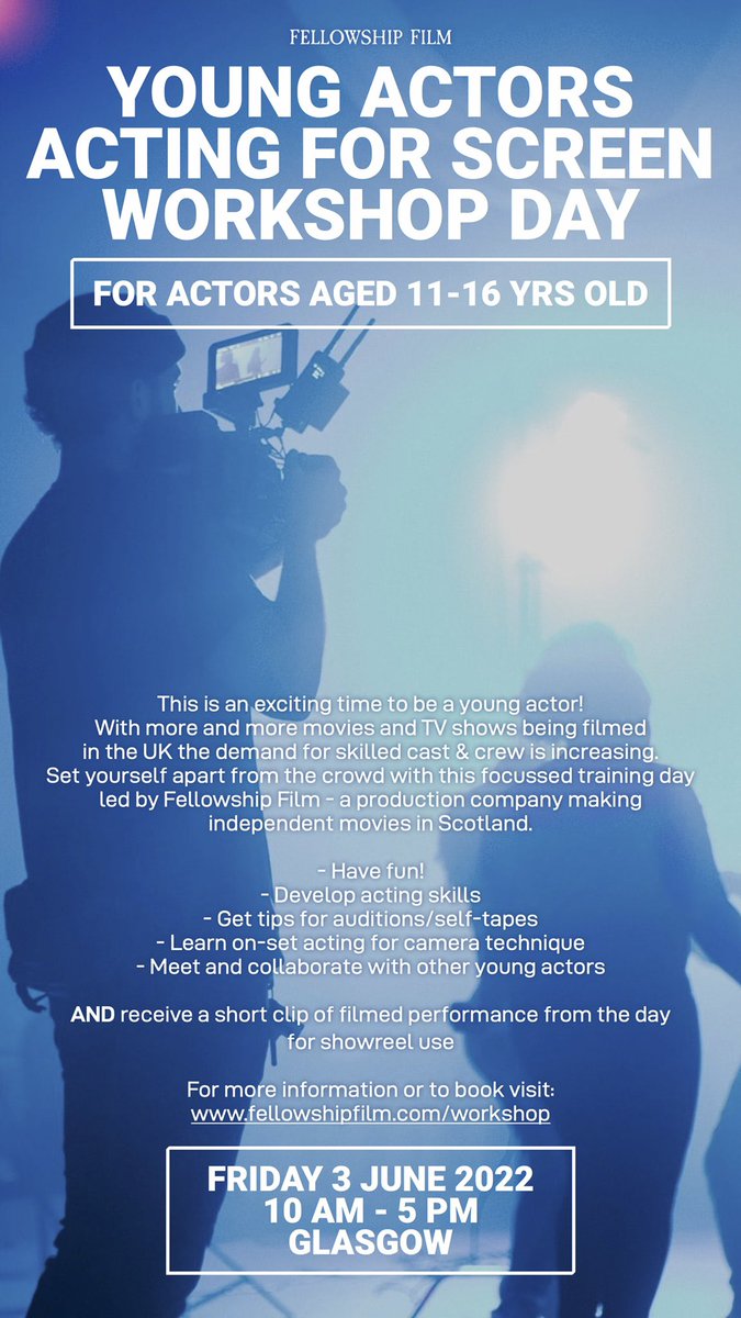 *Screen Acting Workshop run by ‘Jessie and the Elf Boy’ director, <a href="/phil_todd/">Philip Todd</a> 

Here’s the booking link with more details:

eventbrite.co.uk/e/acting-for-s…

If you know any young actors looking to hone their screen acting skills, please share.

#screenacting #workshop #scotland
