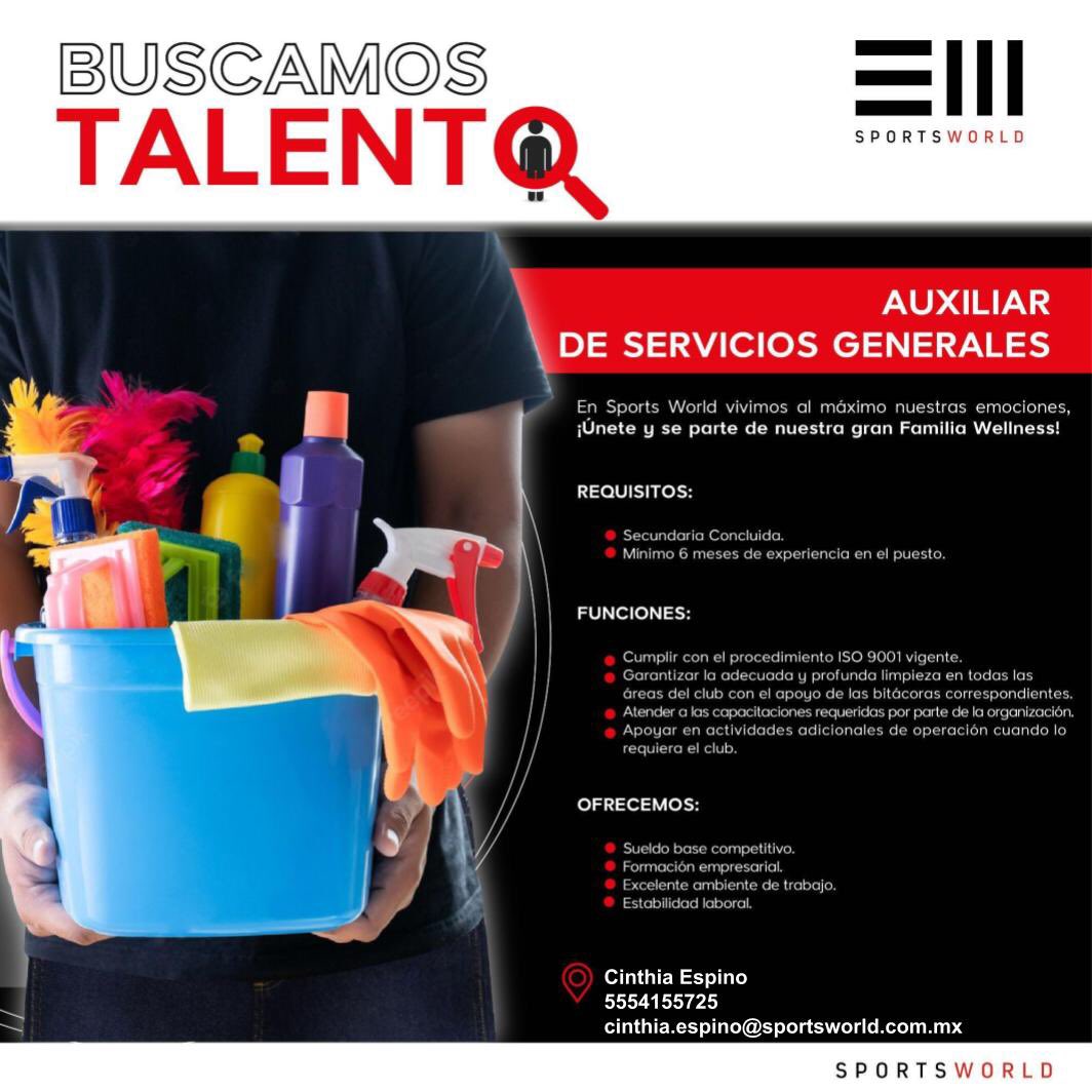 CynthiaEmpleo's tweet photo. #Sebusca Auxiliar de Servicios Generales para #Cdmx en los clubes:

📌 #Valle
📌 #ObreroMundial
📌 #Pedregal
📌 #Universidad 

Si estás interesado en otro club, revisamos disponibilidad, envíame tu CV o escríbeme. @empleogob_mx RT https://t.co/RkoYWTCauk