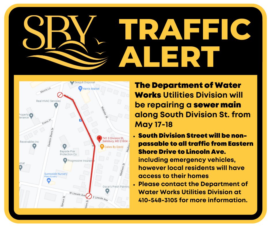 ⚠️S. Division St. will be closed from Eastern Shore Dr. to Lincoln Ave. from May 17-18. 
No street parking or through traffic between Eastern Shore Drive and Lincoln Avenue is permitted during this time. 
For more info: salisbury.md/?p=56331