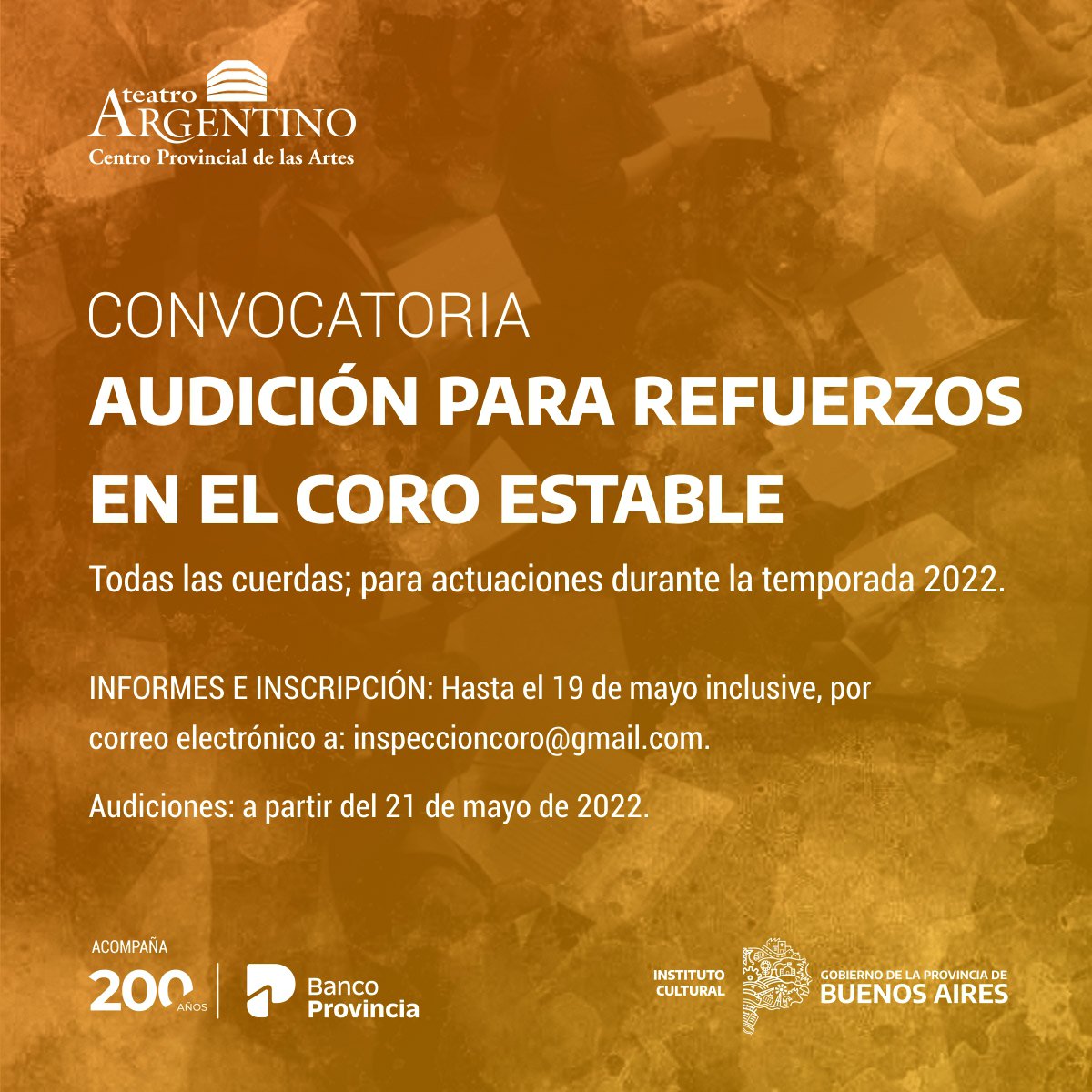 TeatroArgentino's tweet photo. 📢 ¡Atención, #coreutas! Hasta el 19 de mayo inclusive se encuentra abierta la inscripción a las #audiciones para refuerzos en el #CoroEstable 👇👇
🔗https://t.co/vHnr46Vt4Z
#TeatroArgentino #Coro #Temporada2022 https://t.co/LQsuvo8P09