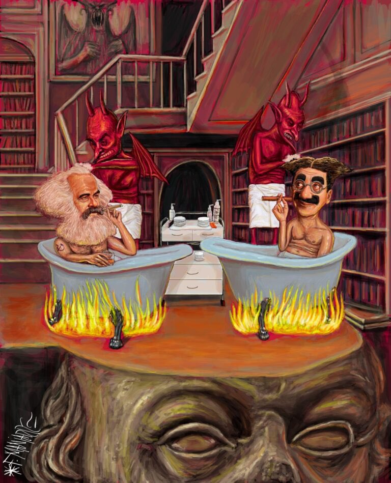 Groucho y Marx, en sauna a fuego lento.

“El tío Karl”, como le llamaba Groucho, era como el clásico tío borracho que todos los sobrinos quieren ser y al que admiran, un erudito de ideales incendiarios.

Créditos: <a href="/FloresManjarrez/">Manjarrez</a> 
👉🏼 fusilerias.com/groucho-karl-m…
#EncuentrosImposibles