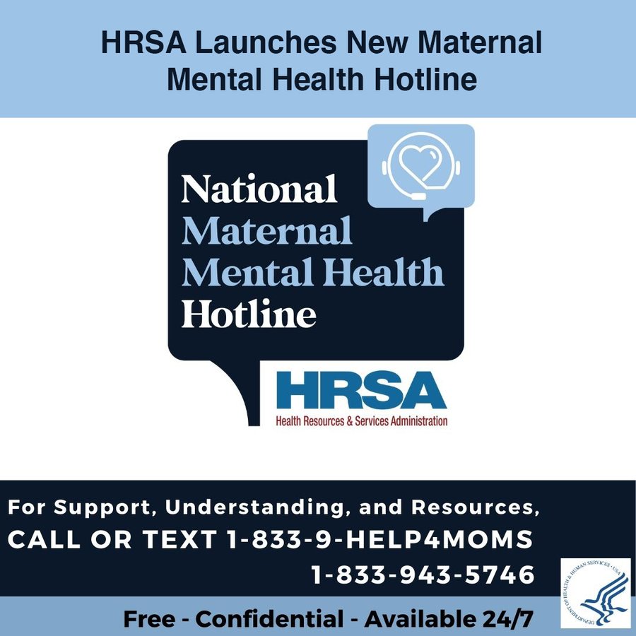 The new National Maternal Mental Health Hotline is now open. This confidential, toll-free hotline is open 24/7 for expecting and new moms who are experiencing #mentalhealth challenges. Call or text 1-833-9-HELP4MOMS (1-833-943-5746) &amp; connect w/ a counselor today. #NWHW <a href="/HRSAgov/">HRSA</a>