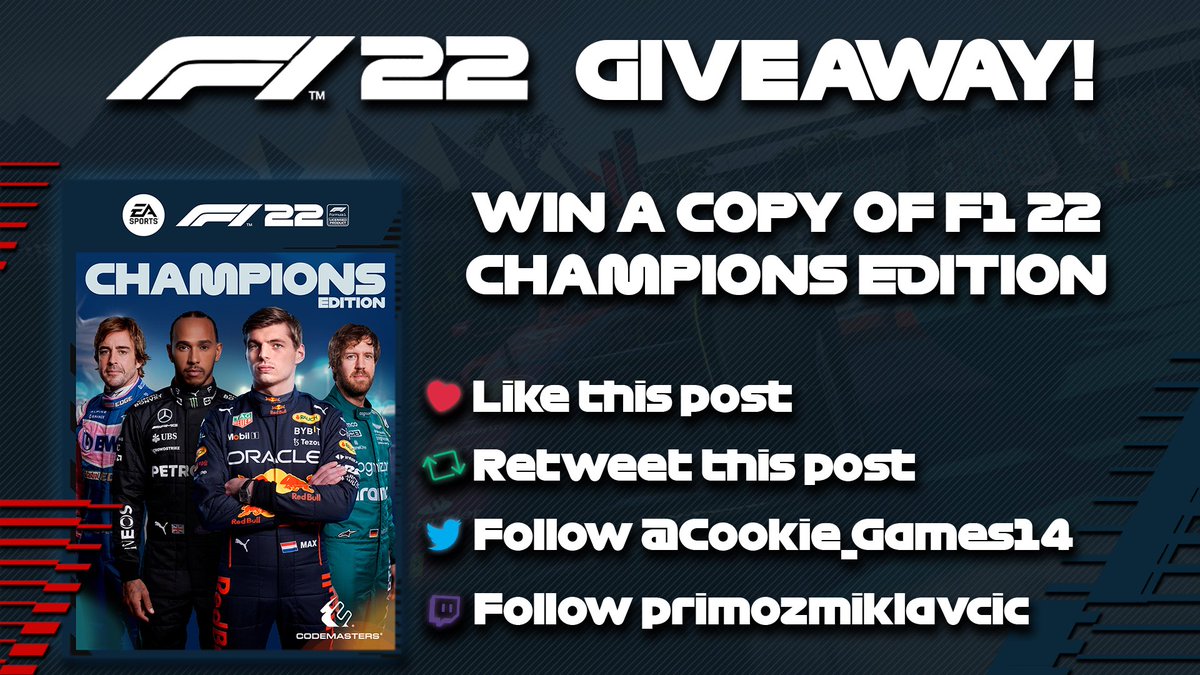 🚨Giveaway🚨

I am happy to announce i am giving away a copy of #F122Game Champions edition 

To enter:
✅Follow me on Twitch and Twitter 
✅Like and retweet this tweet

Giveaway closes on 31st of May at 23:59CET 

Winner will be announced in June on stream

Good luck to everyone