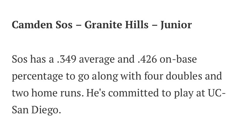 Top ranked <a href="/GraniteHillsBB/">GraniteHillsBaseball</a> starting INF makes this list.

You a smart man <a href="/SDPreps/">Bodie DeSilva</a>!

1B ‘22 <a href="/CSUSMBaseball/">CSUSM Baseball</a> commit <a href="/SpencerDavis22/">Spencer Davis</a>;
2B ‘25 <a href="/ASU_Baseball/">Sun Devil Baseball</a> commit <a href="/Blew242/">Brenden Lewis</a>;
3B ‘22 <a href="/HawaiiBaseball/">Hawaii Baseball</a> commit <a href="/GrantMacarthur/">Grant MacArthur</a>;
SS ‘23 <a href="/UCSDbsb/">UC San Diego Baseball</a> commit <a href="/sos_camden/">Camden Sos</a>
