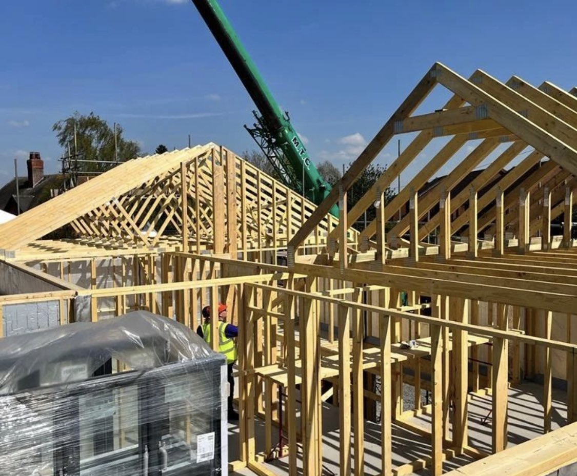 FlemingHomes's tweet photo. Is there a higher point in the timber frame erection process than the roof going on? #timberframe #selfbuild #milestones #bespokehomes #selfbuilddesign https://t.co/4Plp7mEuHW