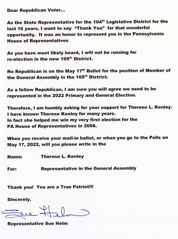 RepSueHelm's tweet photo. Sharing a very important announcement! Therese L Kenley is a Republican candidate running for Representative in the 105th District and she needs our support! Please remember to write in her name when you vote in the Primary Election on Tuesday, May 17! https://t.co/hsHHs1cmiR