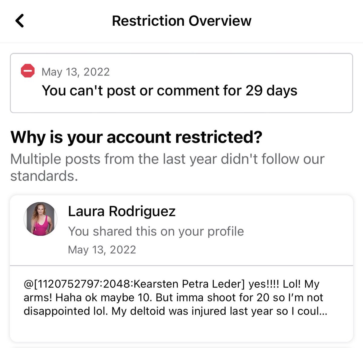 itsLauraGR's tweet photo. Facebook banned me for not violating their policy again. They don’t even have it listed as a violation so I can’t argue it. #Facebook #banned #joinedtwitter https://t.co/9lHwO4vqdz
