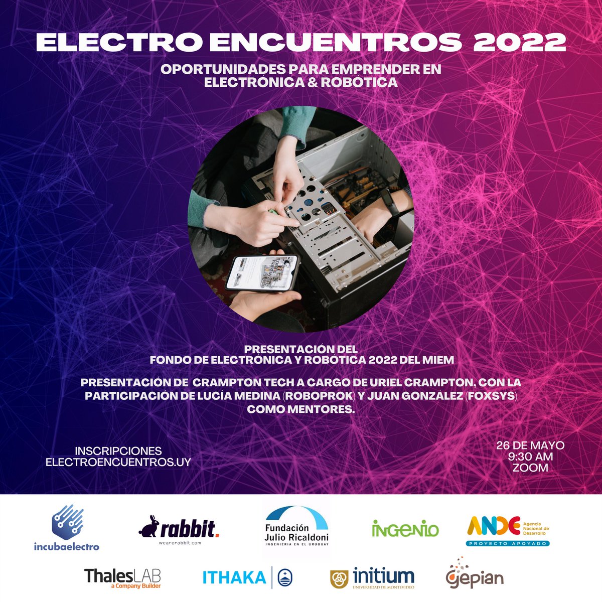 Electro_uy's tweet photo. 🙌Tenemos el agrado de invitarlos al primer Electro Encuentros del 2022 el próximo 26 de mayo a las 9:30 am por Zoom.👏 https://t.co/3qx9gCJkd3