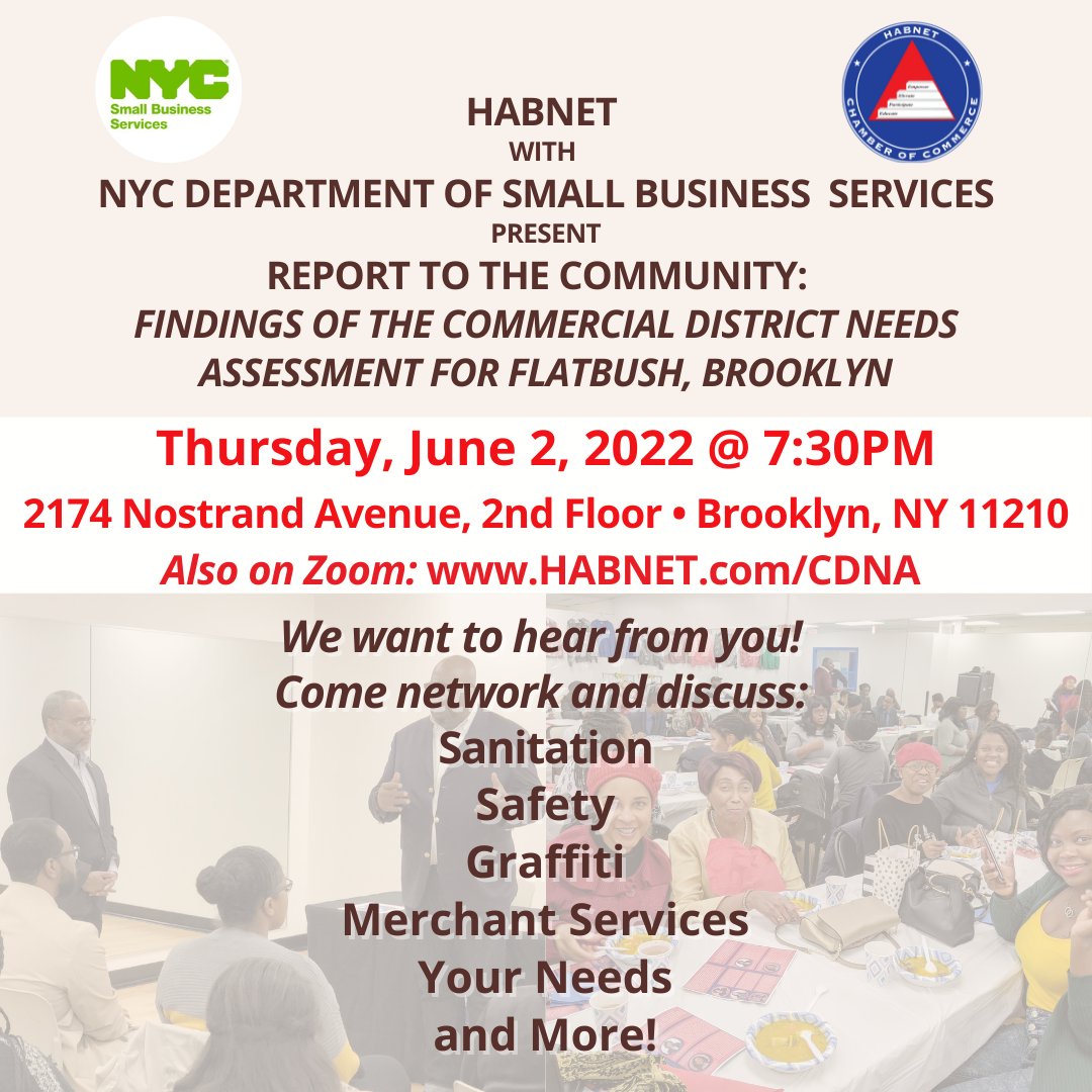 HABNET and the NYC Department of Small Business Services invite you to a Community Forum to discuss the issues impacting Nostrand Avenue. Join us on Thurs, June 2 @ 7:30PM: 2174 Nostrand Ave or via Zoom: HABNET.com/CDNA  

<a href="/FlatbushAveBID/">Flatbush Avenue BID</a>
<a href="/dehabroad/">dehabroad</a>
@ChurchAveBID
<a href="/thejun/">Choi jun mo</a>