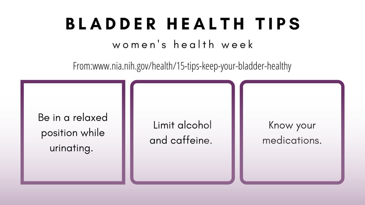 PlusConsortium's tweet photo. National Women’s Health Week #NWHW is coming to a close! Bladder health is part of women's health. We are happy to share #healthybladder info with you!
Find more tips on keeping your bladder healthy at
ps://www.nia.nih.gov/health/15-tips-keep-your-bladder-healthy @NIHAging https://t.co/N9piPcZ0gb