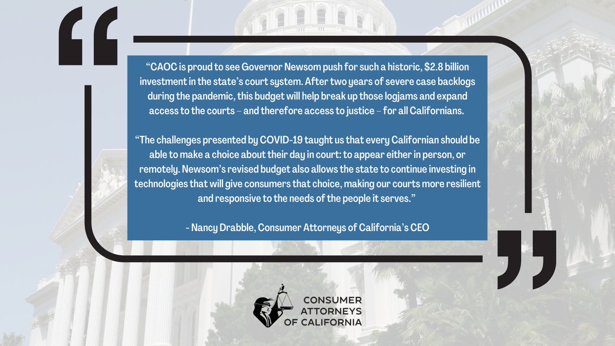 ConsumerAttysCA's tweet photo. Governor’s Revised Budget Makes Historic Investments in California Courts  

“After two years of severe case backlogs during the pandemic, this budget will help break up those logjams and expand access to the courts – and therefore access to justice – for all Californians." https://t.co/LibqFje2sK