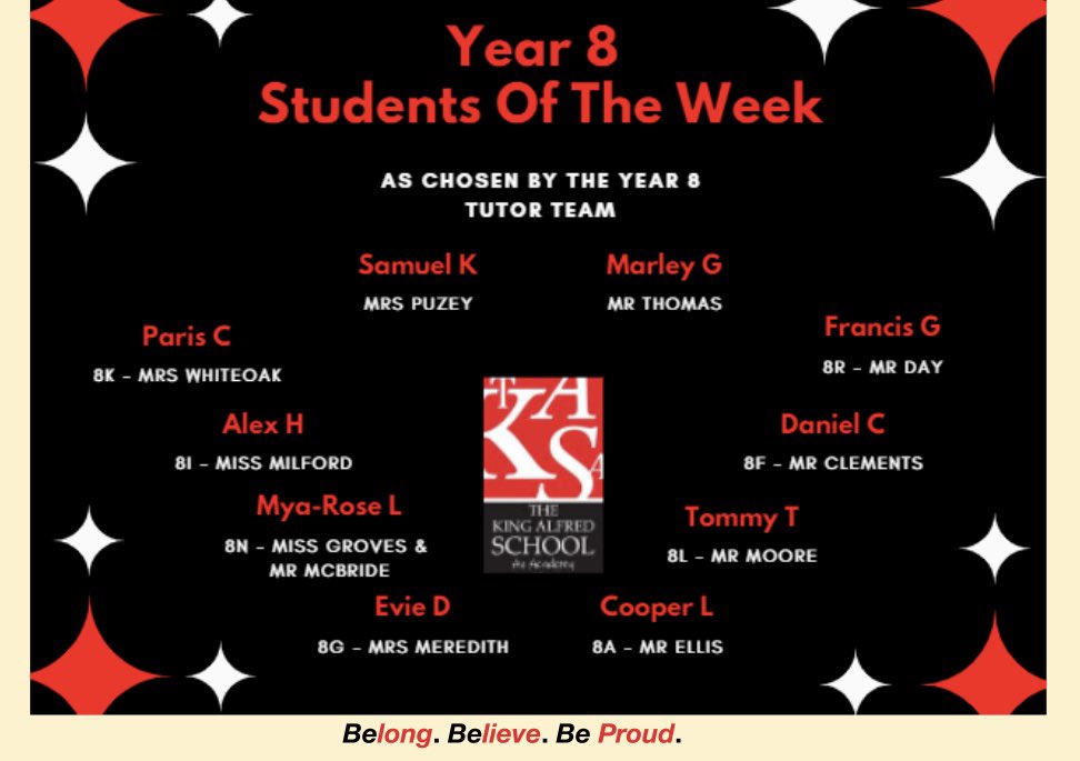 Three weeks of term complete ✅ and three sets of wonderful students of the week selected by the fabulous Year 8 tutor team for a multitude of reasons 🤩👏🏼 #BeProud #TeamTKASA ❤️🖤