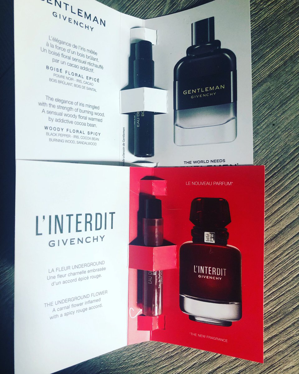 Ambre_M_'s tweet photo. Échantillon parfum Givenchy l’interdît Eau de parfum Rouge et petit bonus Gentleman Eau de parfum bousée @givenchy #linterditgivenchy #gentlemenboisée https://t.co/bjVre5KANK