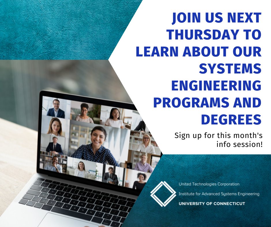 UConnIASE's tweet photo. Sign up for this month's online info session to learn about our graduate programs in Systems Engineering! Click the link below to find more information about attending our next session and reserving your spot! It will be on Thursday, May 19th at noon.  https://t.co/JtVsyX7xQJ https://t.co/XjFklz5hA9