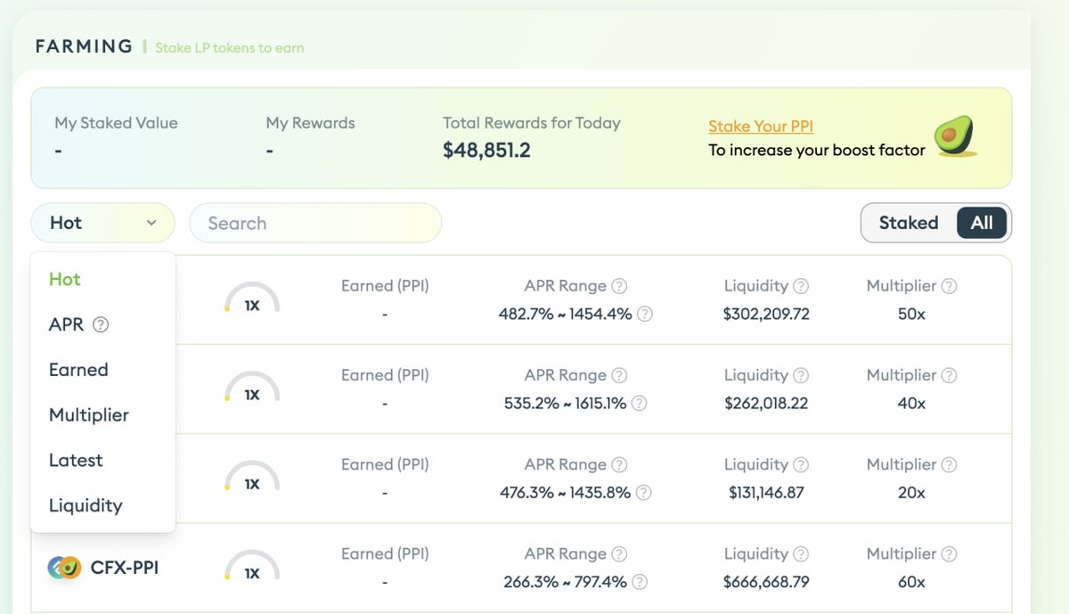 SwappiDEX's tweet photo. 📣 Great news! We have added two new features:

🥑 Users can now select pools based on a series of standards.

🥑 Fluent wallet is officially supported. @FluentWallet https://t.co/lfDutg5Fqs
