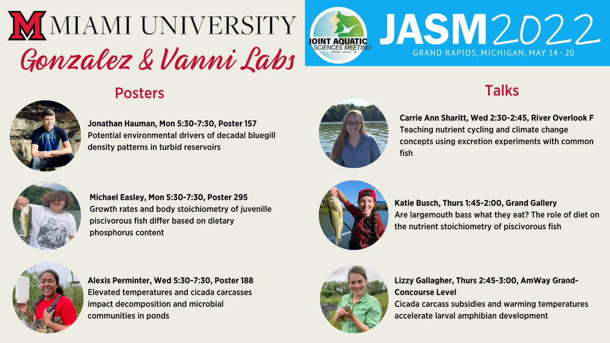 Going to #JASM22? Please consider checking out these presentations by students working with @taurocephala and me. Learn about nutrients, stoichiometry, leaf litter, fish, frogs, and (dead) cicadas! Thanks to <a href="/carrie_anns/">Carrie Ann</a> for this nice design.