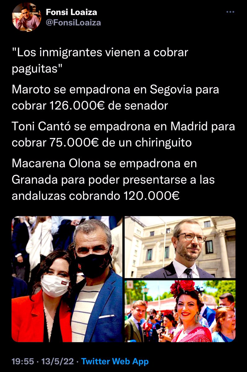 Tres pájaros de un tiro 

<a href="/FonsiLoaiza/">Fonsi Loaiza</a> destroza a <a href="/Macarena_Olona/">Macarena Olona</a> <a href="/JavierMaroto/">Javier Maroto</a> y el chaquetero rey de los chiringuitos  <a href="/Tonicanto1/">Toni Cantó</a>