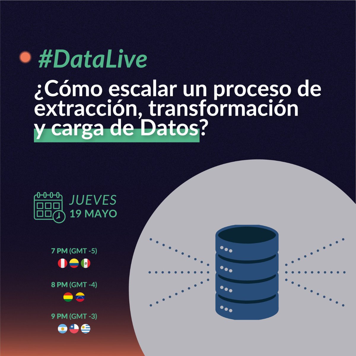 datapath_ai's tweet photo. 📌#𝐃𝐚𝐭𝐚𝐋𝐢𝐯𝐞 "¿𝐂𝐨́𝐦𝐨 𝐞𝐬𝐜𝐚𝐥𝐚𝐫 𝐮𝐧 𝐩𝐫𝐨𝐜𝐞𝐬𝐨 𝐝𝐞 𝐞𝐱𝐭𝐫𝐚𝐜𝐜𝐢𝐨́𝐧, 𝐭𝐫𝐚𝐧𝐬𝐟𝐨𝐫𝐦𝐚𝐜𝐢𝐨́𝐧 𝐲 𝐜𝐚𝐫𝐠𝐚 𝐝𝐞 𝐝𝐚𝐭𝐨𝐬?" ✨

📆 𝐉𝐮𝐞𝐯𝐞𝐬 𝟏𝟗 𝐝𝐞 𝐌𝐚𝐲𝐨
⌚ 7:00 pm (GMT-5)

👉Regístrate aquí:
https://t.co/O5Ry0KrI2Z https://t.co/ZWUCS6bKT6