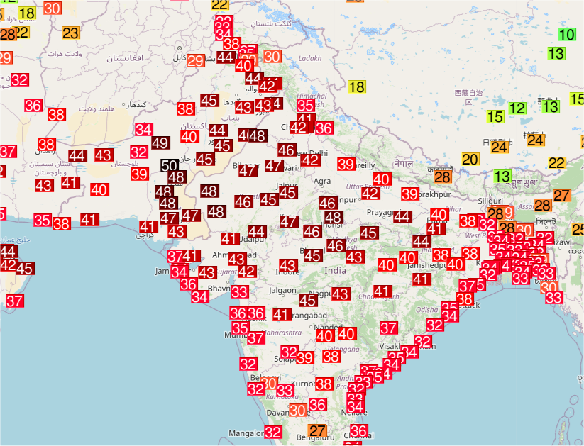 Jusqu'à 50°C à Jacobabad au #Pakistan ce vendredi, plus haute valeur de la série de cette interminable vague de chaleur. A noter plus de 48°C en #Inde à Ganganagar ou Barmer. 
Carte Ogimet 