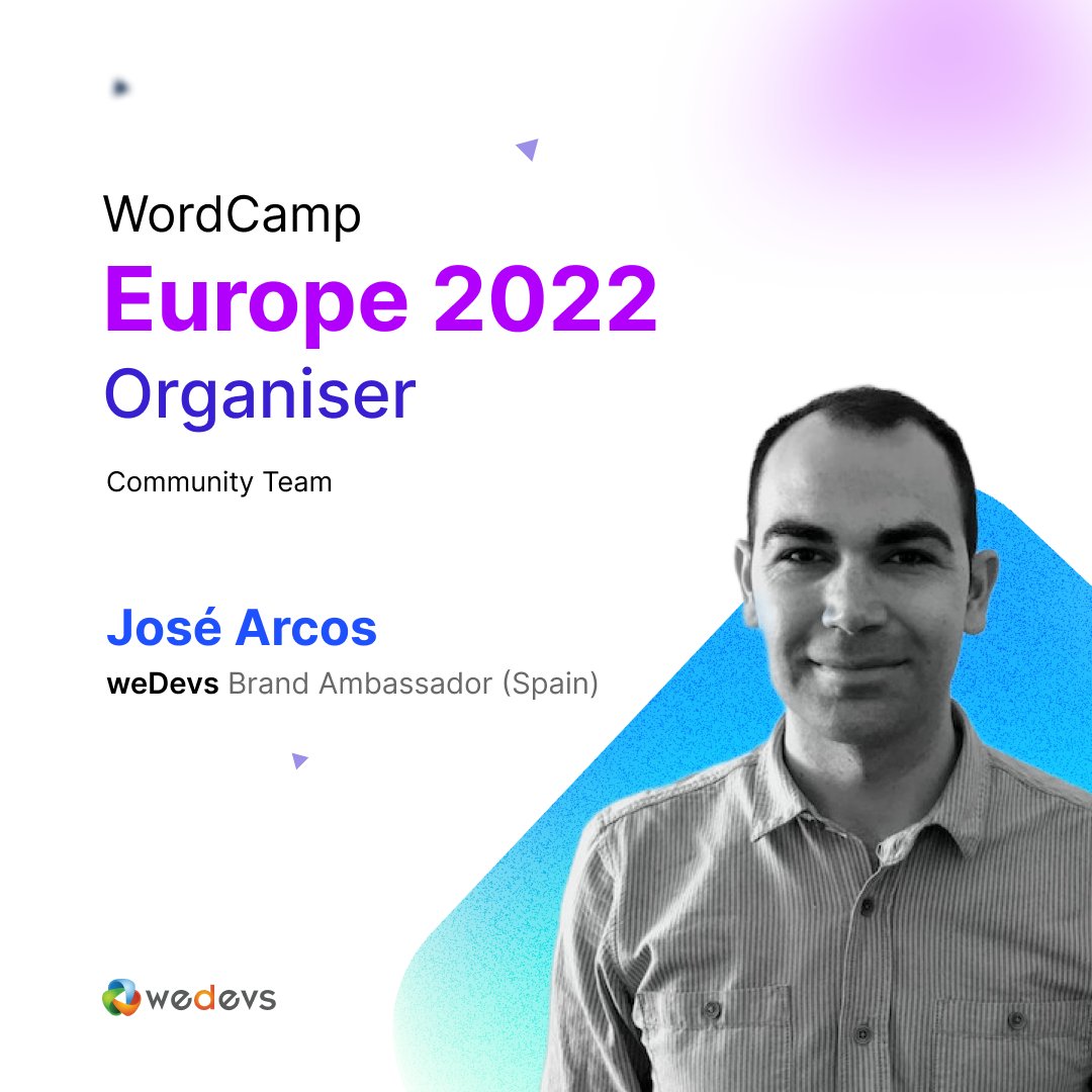 weDevs's tweet photo. We congratulate @josearcos_ on being selected as an Organiser of @WCEurope 2022! 
We are super proud of your contribution to the #WordPress Community. 
Keep going!
#WordPress #WCEurope #weDevs https://t.co/03HV3mNF3M