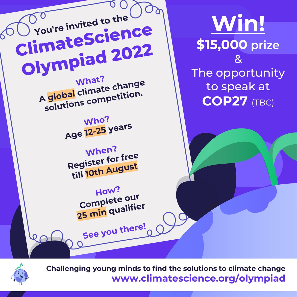 enactus's tweet photo. Enactus students are invited to the ClimateScience Olympiad 2022! This is a free &amp; online competition for students aiming to educate them about various issues related to the climate crisis &amp; empower them to be future climate leaders. Learn more: https://t.co/Wu5W1vCAIE https://t.co/G4AuCisiE6