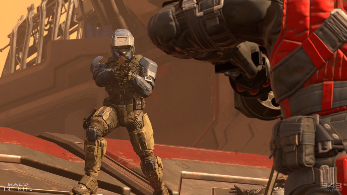 Two Spartans face off in Breaker, a new map from Season 2 of Halo Infinite.