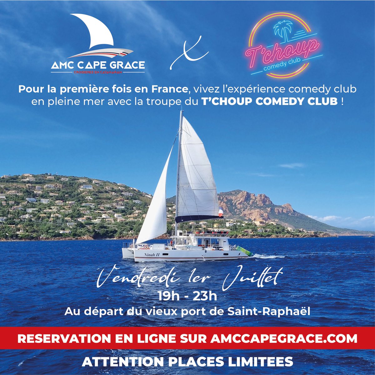 Après un château, les galeries Lafayette privatisées, le <a href="/Tchoupcomedy/">T’choup Comedy Club</a> va se produire en pleine mer sur un maxi catamaran à #SaintRaphael le 1er juillet prochain! Une première en France ! 🔥🔥