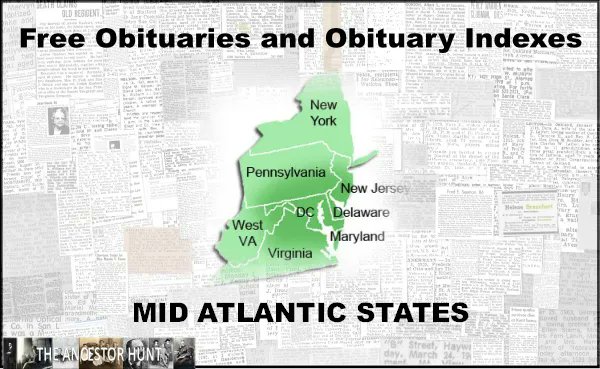 marksology's tweet image. Check out the new Free Online Obituaries and Obituary Indexes for the Mid Atlantic States.  There are 550 total collections for all 8 states.  Find them at buff.ly/3w4S9rb #genealogy .