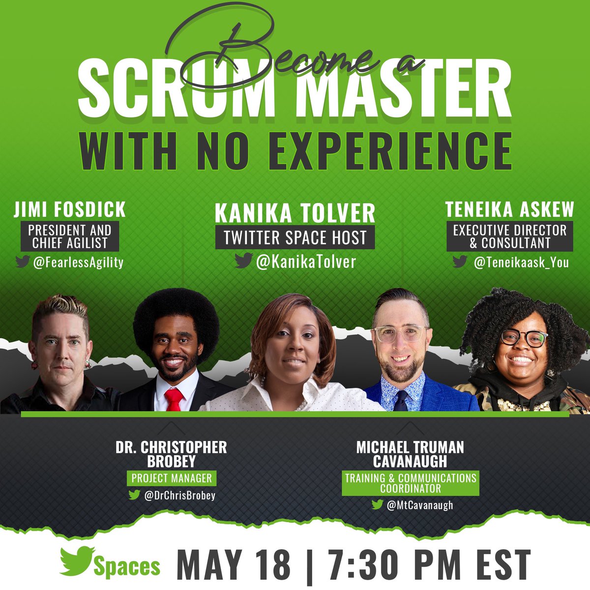 KanikaTolver's tweet photo. Within this @TwitterSpaces we will discuss how you can gain scrum experience through real life projects!  

Speakers: @FearlessAgility @teneikaask_you @mtcavanaugh @DrChrisBrobey 

Share with others! 

Set your reminder: 
https://t.co/wOyReU1qMy

#BlackTechTwitter #Scrum #agile https://t.co/lfsIk0jqse