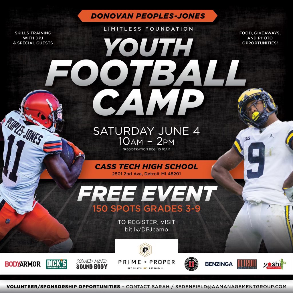 DETROIT!!! I’ll be home at Cass Tech 💚 🤍 next month, JUNE 4th for a FREE camp 🏈. Looking forward to getting out there with the kids and partnering with some great companies to make this an awesome community event. Hit link in bio to register now - it will fill up quickly!