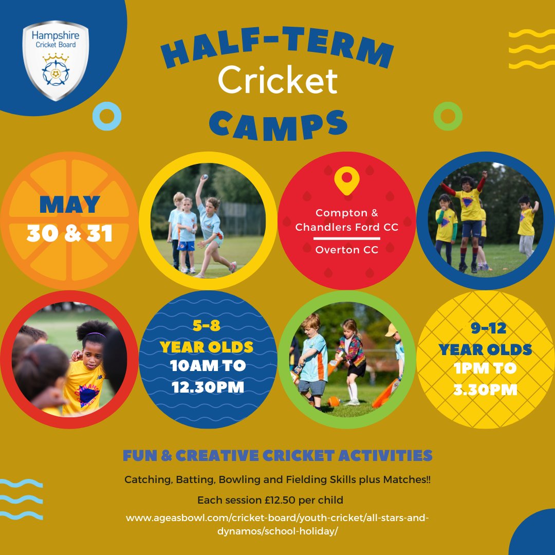 🏏 Hants Cricket Board (@hampshirecb) on Twitter photo #HalfTerm Cricket Camps 🏏☀
Join us during May Half-term for Cricket Games & Skills
30th May <a href="/CCFCricketClub/">C&CF Cricket Club</a> #ChandlersFord
31st May @overton_cricket #Basingstoke
Mornings ➡ 5-8 Year Olds ⭐
Afternoons ➡ 9-12 Year Olds 🚀
Booking & Info
bit.ly/3lbnRg6 #HalfTerm Cricket Camps 🏏☀
Join us during May Half-term for Cricket Games & Skills
30th May <a href="/CCFCricketClub/">C&CF Cricket Club</a> #ChandlersFord
31st May @overton_cricket #Basingstoke
Mornings ➡ 5-8 Year Olds ⭐
Afternoons ➡ 9-12 Year Olds 🚀
Booking & Info
bit.ly/3lbnRg6