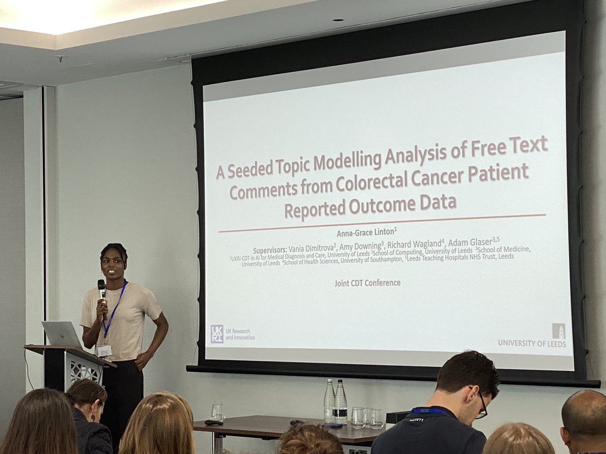 A great talk by Anna Grace-Linton from ⁦@LeedsMedAI_CDT⁩ on a modelling analysis of free text from Patient Reported Outcomes in colorectal cancer at the #cai4h AI CDT meeting! ⁦@AI4HealthCentre⁩ ⁦@cdt_ai_health⁩ ⁦@BioMedAI_CDT⁩ ⁦@LeedsMedAI_CDT⁩