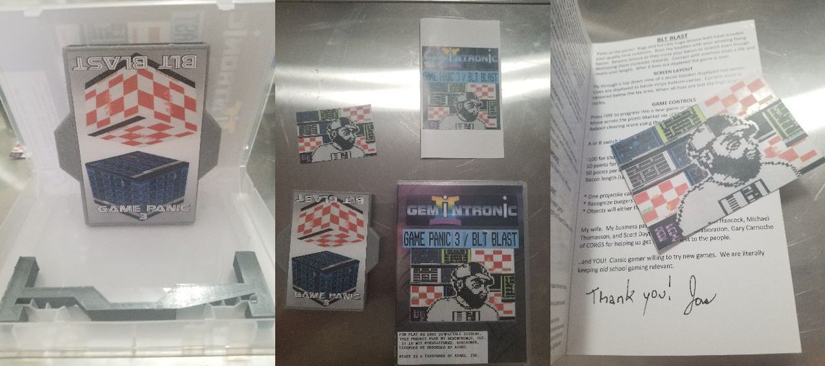 gemintronic's tweet photo. Releasing Game Panic 3 / BLT Blast homebrew Atari 2600 Double Ender at CORGS 2022!  Includes autographed manual, sticker and case. #Atari #2600 #Homebrew https://t.co/MOY64p7mCW