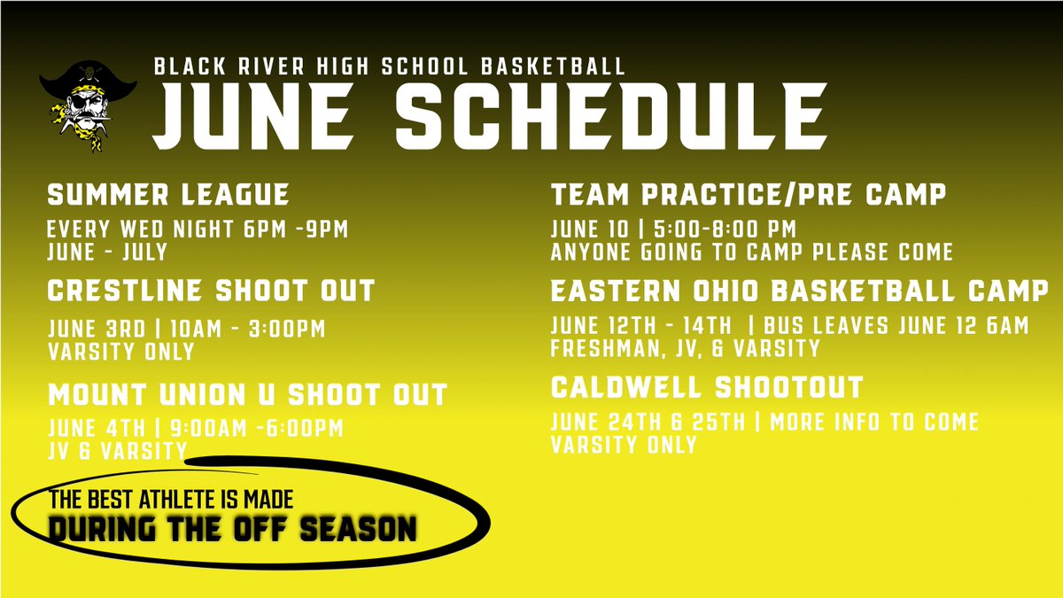 Black River Boys Basketball Camp, Summer League, Shoot Out schedule for the month of June. This doesn't include individual workouts or Open Gyms. <a href="/cayden043/">Cayden Hinderman-Powell</a> <a href="/Evanladina/">Evan</a> <a href="/EFOOL17/">E</a> <a href="/1JohnKray/">John Kray</a> <a href="/Ridgemartin3/">Ridge martin</a> <a href="/ericgroesserjr/">Eric Groesser Jr.</a> <a href="/adenmacfarlane/">Aden Macfarlane</a> @Zyandaog <a href="/blakehopkins34/">Blake Hopkins</a> <a href="/ohioBKcoaches/">OHSBCA</a>