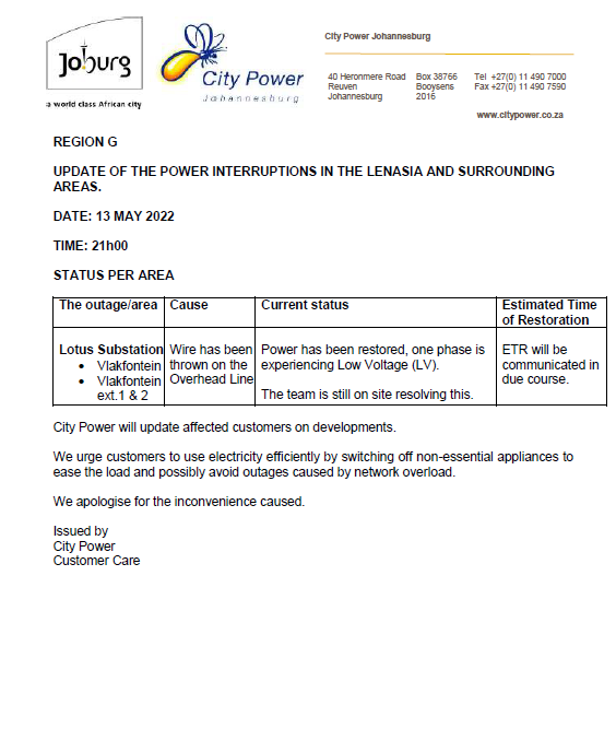 CityPowerJhb's tweet photo. Region G
#LotusUpdate
Team is on site attending to outage affecting #Vlakfontein and surrounds ^DR https://t.co/Gf6CjtKNE8