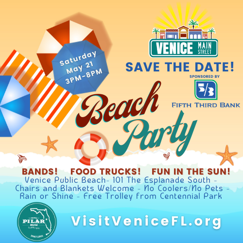VeniceMainSt's tweet photo. The Venice Beach Party is back! Join us on Saturday, May 21 from 3-8pm for fun in the sun! Brought to you by Venice MainStreet and sponsored by Fifth Third Bank. More info at https://t.co/OqEpnT6k6p https://t.co/Izk2REPPxe