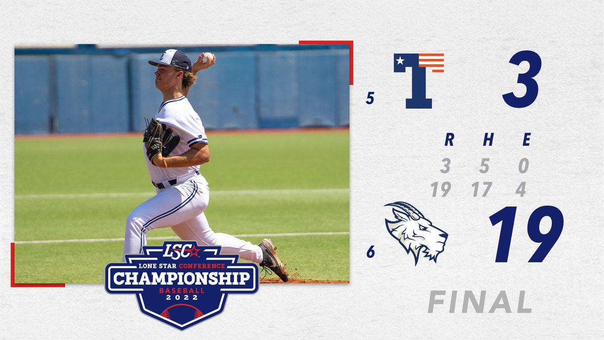 2022 #LSCbase Championship ⚾️ 

6⃣ <a href="/SEUAthletics/">St. Edward's Hilltoppers</a> 19
5⃣ <a href="/uttylerpatriots/">UT Tyler Patriots</a> 3

📝 SEU continues its hot hitting and gets a complete-game from Gafford to survive! Hilltoppers will play for a spot in the championship game at 7 p.m. this evening.