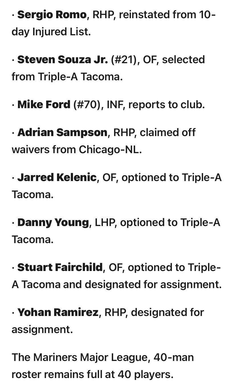 Shannon Drayer on Twitter "Mariners roster moves https//t.co