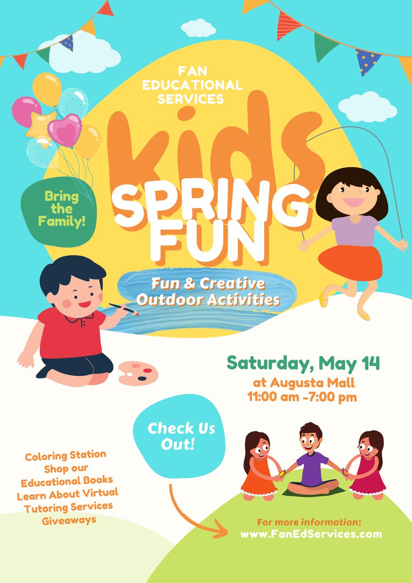 fan_edservices's tweet photo. Join me tomorrow with a few business owners for a family fun event outdoors at Augusta Mall!☀️
 We will be in the parking lot near Dillards &amp; Macys under the big yellow tent! Sign up for virtual summer tutoring!!👩🏽‍🏫🧑🏼‍🏫Check out our coloring station! 🖍Shop our Educational Books!📚 https://t.co/XxUDGvFNoK
